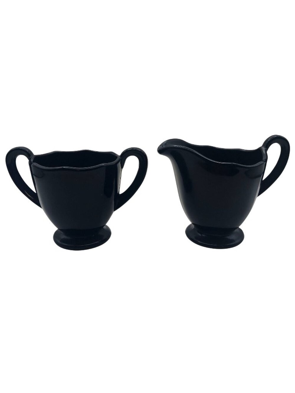 Fostoria Glass Creamer Sugar Bowl Fairfax Ebony Black Footed Vintage Art Deco